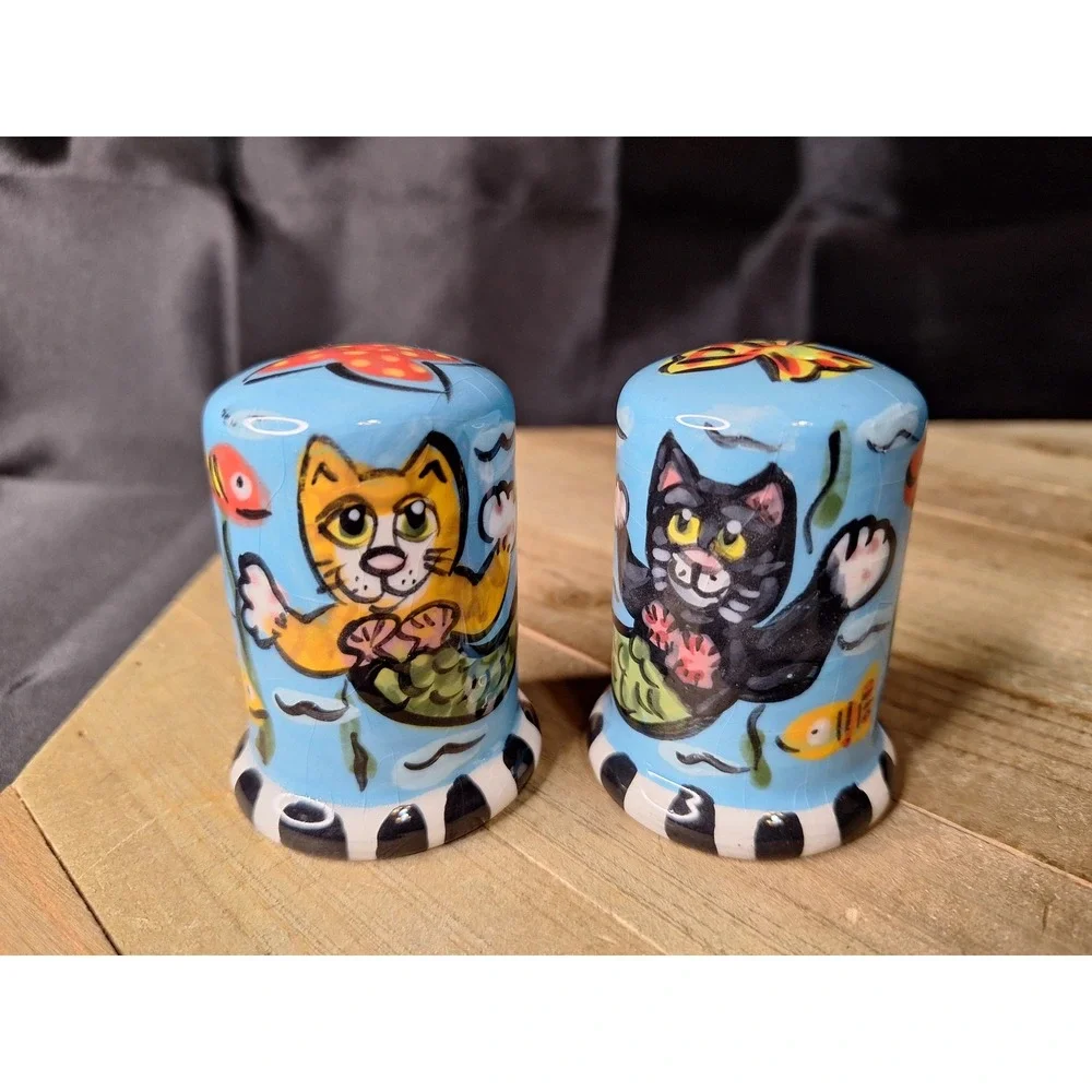 Hand Painted Ceramic Purrmaid Cat Mermaid Salt and Pepper Shakers Under the Sea